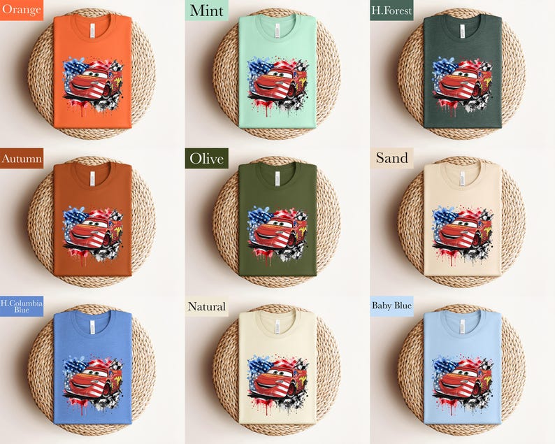 The image is a collage of nine different t-shirt designs, each with a unique color and style. The t-shirts feature various car designs, including a red car, a green car, and a red car with an American flag motif. The t-shirts are displayed on a woven basket, creating a visually appealing and organized presentation.