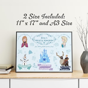 May include: A framed poster featuring characters and elements from the movie "Frozen." The poster includes illustrations of Anna, Elsa, Olaf, a castle, and Kristoff with Sven. The text "Elsa's Magical Kingdom" is displayed. The poster is available in 11" x 17" and A3 sizes.