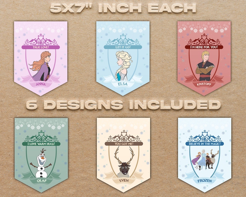 Puede incluir: Seis banderines decorativos, cada uno de 12,7 cm x 17,8 cm, con personajes de la pel&iacute;cula "Frozen". Los dise&ntilde;os incluyen a Anna, Elsa, Kristoff, Olaf, Sven y el grupo. Cada bander&iacute;n tiene una combinaci&oacute;n de colores y texto &uacute;nicos, como "True Love!" y "Believe in the Magic!"