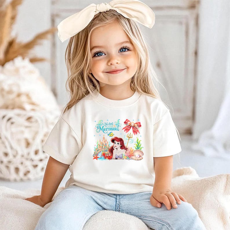 A young girl with blonde hair and blue eyes is sitting on a bed, wearing a white t-shirt with a mermaid design and a white bow on her head.