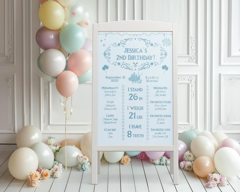 Puede incluir: Un letrero enmarcado en blanco con el texto "JESSICA'S 2ND BIRTHDAY!" en azul claro. El letrero incluye detalles sobre el cumplea&ntilde;os, incluyendo altura (66 cm), peso (9,5 kg) y n&uacute;mero de dientes (8). Globos pastel rodean el letrero.