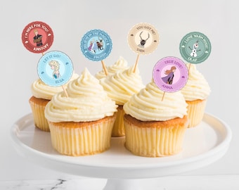 Adornos imprimibles para cupcakes de Frozen de Disney, decoración para fiesta de cumpleaños de Frozen, etiqueta para fiesta de Elsa y Anna, archivo digital, suministros para fiesta de Frozen, 0001