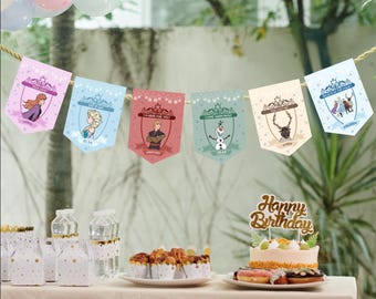 Wydrukuj baner Disney Frozen, dekoracja urodzinowa Frozen, proporczyki na przyjęcie Elsa, Anna, Olaf, plik cyfrowy, artykuły na przyjęcie Frozen, 0001