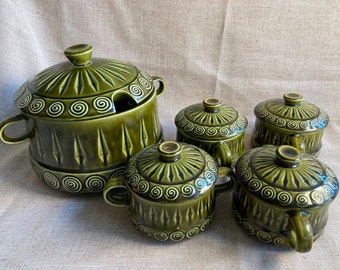 Mid-Century Modern Green Ceramic Soup Bowls and Tureen.