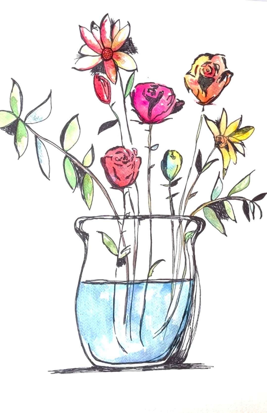Original Watercolor Flower Painting: Pen and Ink Floral Art (12x18”) - Etsy