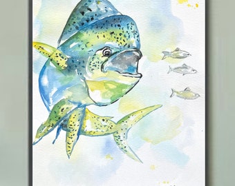 Dorado Watercolor Painting, Mahi Mahi, Fisherman Art, Fishing, Fish, Fishing Painting