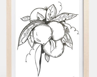 Lemons, Lemon Art, Pen and Ink, Lemon Drawing, Black and White Art, Fruit Art
