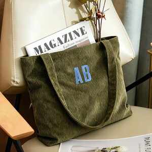 Personalized Bridesmaid Gift Bag, Embroidered Initials Corduroy Tote, Traveling Monogram Bags, Wedding Party Gifts image 3