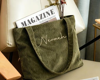 Personalized Corduroy Tote, Embroidered Name Tote Bag, Wedding Party Gifts, Shoulder Bags, Bridesmaid Gift