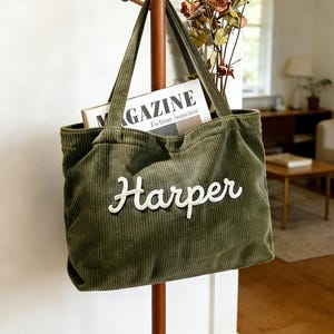 Custom Chenille Tote Bag, Personalized Corduroy Totes, Spring Travel Shoulder Bags, Mother's Day Gift