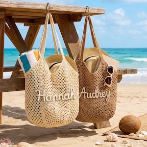 Sacs de plage personnalisés au crochet, sac cadeau de demoiselle d'honneur, fourre-tout de plage d'été, cadeau voyage EVJF