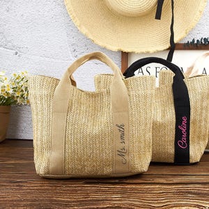 Beach Bag Personalized, Embroidered with Name Burlap Tote Bag, Custom Straw Bags, Bridal Shower Bag, Beach Bag Bachelorette, Girls Trip Bags