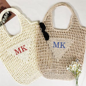 Personalized Beach Tote Bag, Custom Beach Straw Bags, Embroidered Name Beach Bag, Initials Handle Bag, Gift for Her, Shopping Shoulder Bags