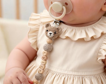 かぎ針編みのベビーおしゃぶりクリップ、パーソナライズされたベビーダミーチェーン、新生児ギフト、ベビーシャワーギフト