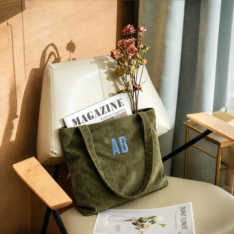 Personalized Bridesmaid Gift Bag, Embroidered Initials Corduroy Tote, Traveling Monogram Bags, Wedding Party Gifts image 3