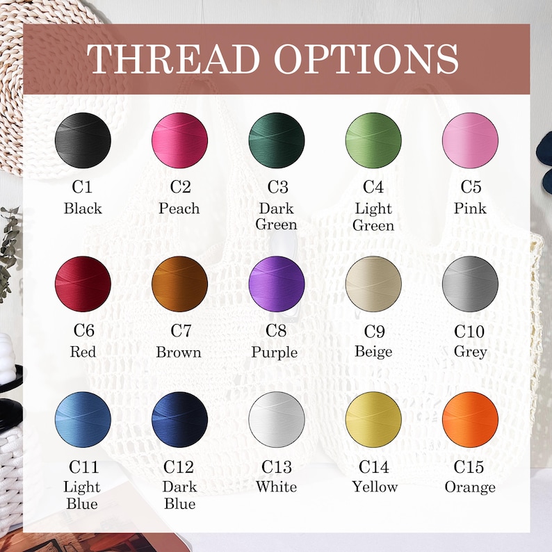May include: Image displaying thread color options with the text "THREAD OPTIONS" at the top. The image shows 15 different thread colors, each labeled with a letter and color name, including black, peach, dark green, light green, pink, red, brown, purple, beige, grey, light blue, dark blue, white, yellow, and orange.