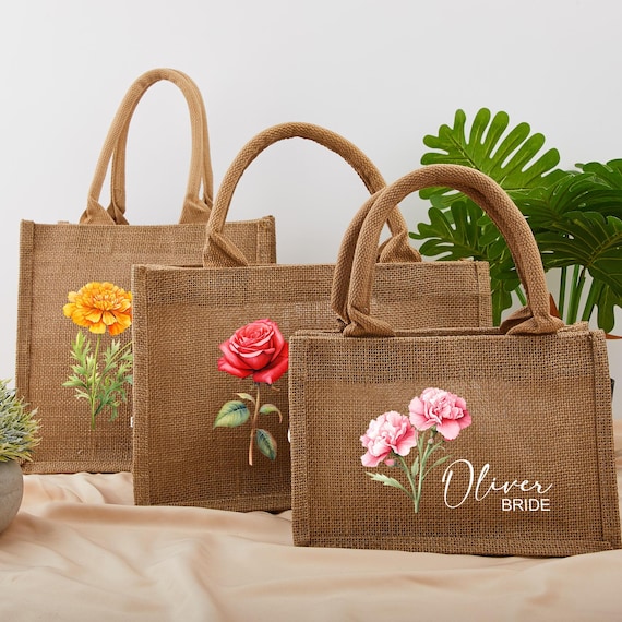 Bridesmaid Tote Bags, Personalized Birth Flower Burlap Totes, Bridesmaid Proposal Bags, Tote Bag with Name, Bridesmaid Totes, Gift for Her