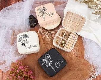 Personalized Leather Travel Jewelry Box, Birth Flower Bridesmaid Gift