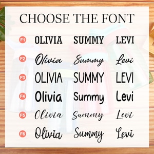 May include: A graphic showing six different font styles for the names Olivia, Summy, and Levi. The fonts are labeled F1 through F6.