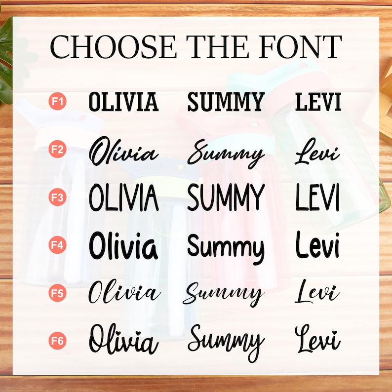 May include: A graphic showing six different font styles for the names Olivia, Summy, and Levi. The fonts are labeled F1 through F6.