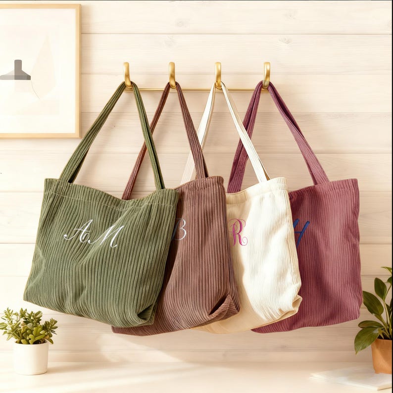 May include: Four corduroy tote bags in shades of green, mauve, cream, and purple hang from gold hooks. Each bag has a long handle and embroidered initials. The bags are displayed against a light wood-paneled wall.