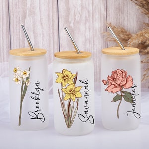 Personalized Birth Flower Coffee Cup with Name,Personalized Birth Flower Glass Tumbler,Bridesmaid Proposal,Gifts for Her,Birth Flower Gift