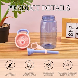 May include: A blue and pink water bottle with a straw and a push button to eject the straw. The bottle is leak proof and made with BPA-free food grade materials.