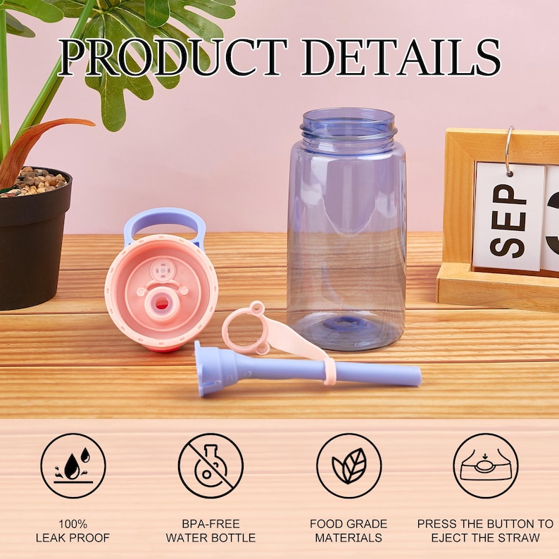 May include: A blue and pink water bottle with a straw and a push button to eject the straw. The bottle is leak proof and made with BPA-free food grade materials.