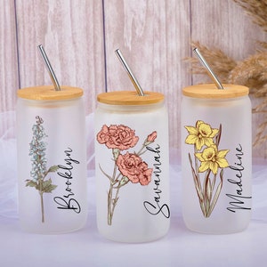 Personalisierter Geburtsblumenbecher, Muttertagsgeschenk, Geburtsblumenglaskaffeetasse, Brautjungfernvorschlag, Hochzeitsfestbevorzugung, Geschenk für Sie