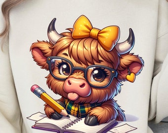 Cute Highland Cow School PNG Sublimation Design Digital Download, PNG Instant Download, Shirt Designs Downloads, Teacher png, Student png