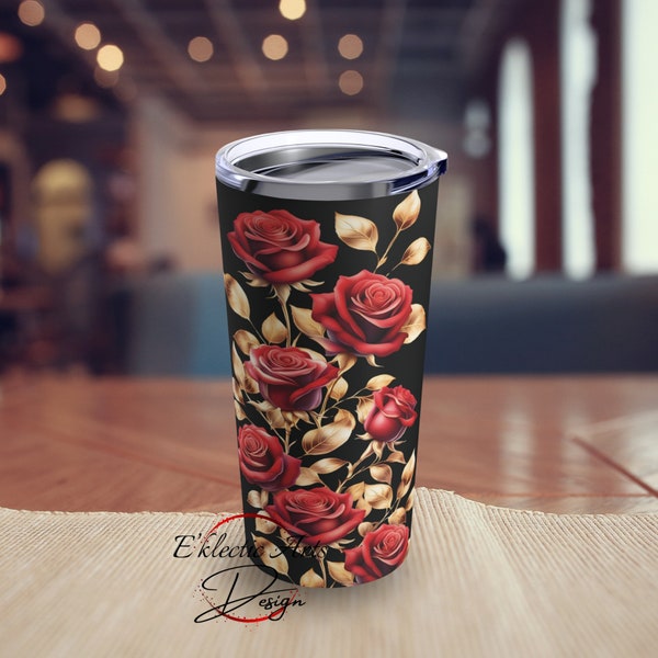 Red Rose Gold leaf 20oz Tumbler black, Floral Red rose gold leaves and gold petal tips, gift for rose lovers, stainless steel insulated