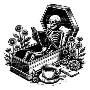 skeleton reading PNG Sublimation Design Digital Download, PNG Instant Download, Shirt Designs Downloads, skeleton in coffin with book png