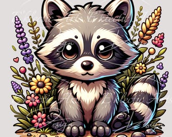 Lindo diseño de sublimación PNG de mapache, descarga digital, descarga instantánea PNG, descargas de diseños de camisetas, flores de primavera mapache png, niños png