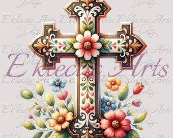 Cross with flowers PNG Sublimation Design Digital Download, PNG Instant Download, Shirt Designs Downloads, Religious Cross wildflowers png