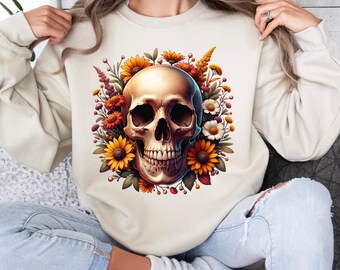 Calavera con flores silvestres de otoño PNG Diseño de sublimación Descarga digital, PNG Descarga instantánea, Diseño de camiseta png, Calavera Otoño Halloween png