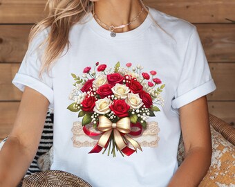 Roses with Bow PNG Sublimation Design Digital Download, PNG Instant Download, Floral Design Download, rose bouquet with white bow & lace png