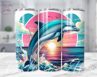 Delfin PNG 20oz Skinny Tumbler Sublimacja Projekt Cyfrowe pobieranie, PNG Natychmiastowe pobieranie, Beach Ocean png, Dolphin Sunrise Tumbler wrap
