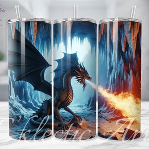 3D Dragon PNG 20oz Skinny Tumbler Sublimation Design Digital Download, PNG Instant Download, 3d dragon breathing fire in cave tumbler wrap