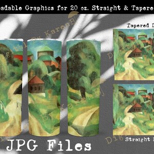 May include: A digital download of two designs for a 20 ounce tumbler. The designs feature a stylized painting of a landscape with a winding road, trees, and buildings. The top design is for a tapered tumbler and the bottom design is for a straight tumbler. The text "Tapered Design" and "Straight Design" are included in the image.