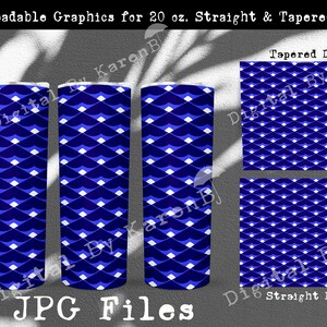 Puede incluir: Dos diseños de patrones azules y blancos para un vaso recto y cónico de 20 onzas. Los diseños presentan un patrón geométrico de diamantes blancos sobre un fondo azul. El texto "JPG Files" está en la parte inferior de la imagen.