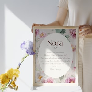 Custom Baby Name Meaning Sign | Personalized Baby Name Print with Bible Verse & Floral Design, Nursery Decor Gift