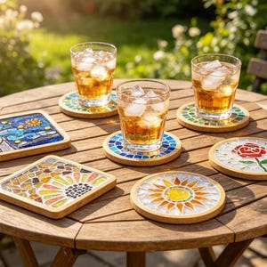 Könnte beinhalten: Ein Set aus sechs dekorativen Untersetzern mit Holzrahmen und Mosaikfliesen. Die Designs zeigen eine sternenklare Nacht, eine Sonnenblume, eine rote Rose und geometrische Muster. Drei der Untersetzer tragen Gläser mit Eistee.