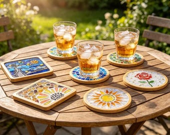 Kit fai da te per creare sottobicchieri in vetro a mosaico con cornice in legno, 6 disegni unici con motivi floreali e di uccelli, sottobicchieri quadrati per decorare la casa e fare un regalo.