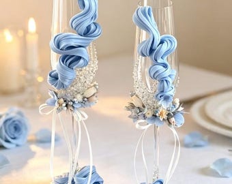 Copas de champán artesanales con cinta azul y cristal - Juego de 2 copas para brindar en bodas