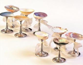 Handmade Seashell Cocktail Glasses Set Mermaid Core Glassware Iridescent Metallic Stemmed Cups for Wedding Bridal Shower Party Decor