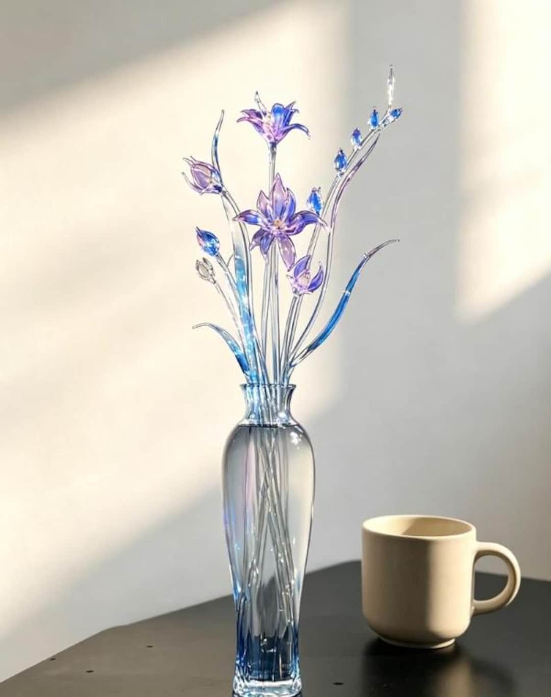 Handblown Glass Flower Bouquet in Tall Vase - Elegant Purple & Blue Art Glass Centerpiece for Home Decor - Etsy