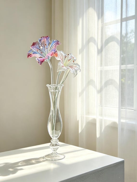 Hand Blown Glass Lily Flower Sculpture, Pink Translucent Floral Arrangement, Tabletop Decor