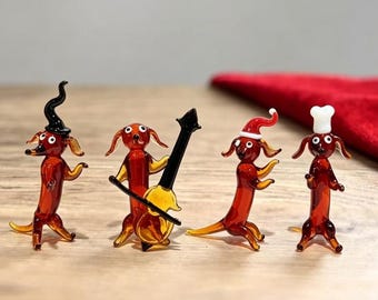 Lampwork Glass Dachshund Figurine Set of 4 Holiday Dog Musician Witch Chef Santa Decor