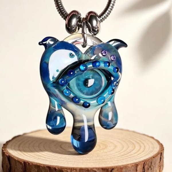 Pastel Goth Demon Eye Heart Necklace | Blue/Red Handmade Glass Pendant with Dangle Chains & Beads | Goth Halloween Statement Gift for Her