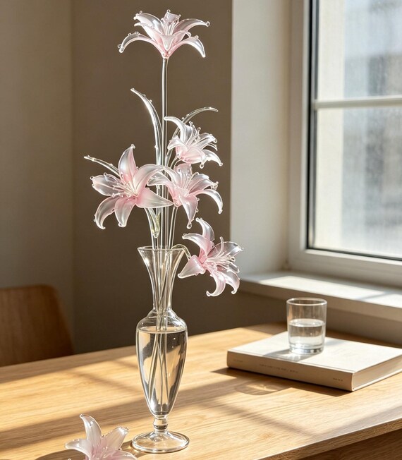Hand Blown Glass Lily Flower Sculpture Pink Translucent Floral Stem Arrangement,Home Tabletop Decor, Elegant Anniversary Wedding Gift